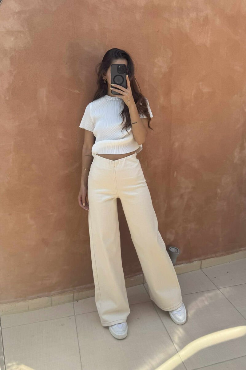 ELASTIC WAIST WIDE LEG WOMEN JEANS CREAM/KREM - 2
