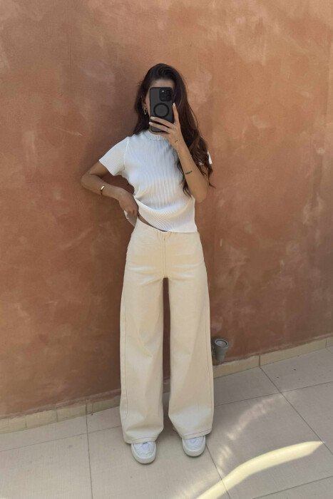 ELASTIC WAIST WIDE LEG WOMEN JEANS CREAM/KREM - 3