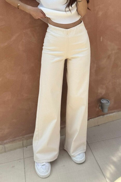 ELASTIC WAIST WIDE LEG WOMEN JEANS CREAM/KREM - 1