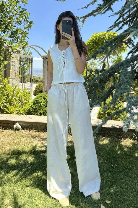 ELASTIC WAIST WIDE LEG WOMEN TROUSERS CREAM/KREM - 2