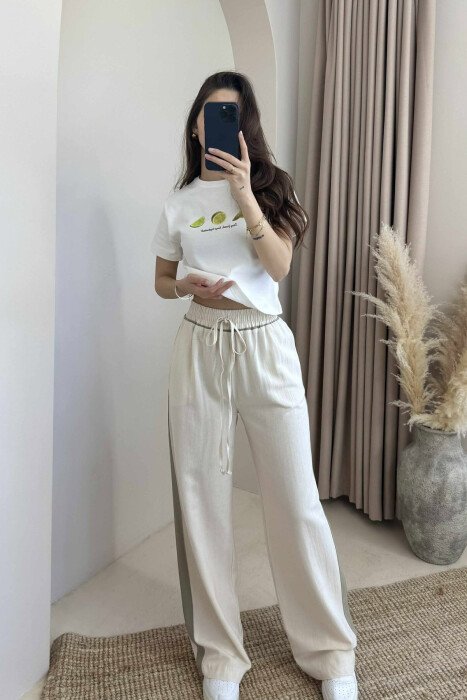ELASTIC WAIST WIDE LEG WOMEN TROUSERS CREAM/KREM 