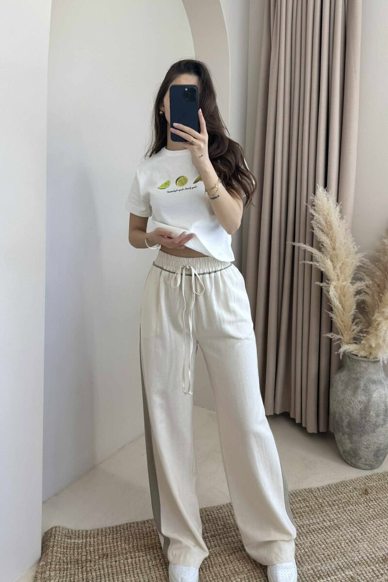 ELASTIC WAIST WIDE LEG WOMEN TROUSERS CREAM/KREM - 1