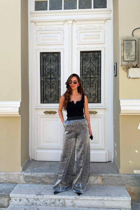 ELASTIC WAIST WIDE LEG WOMEN TROUSERS GREY/GRI - KLAUDIO FASHION