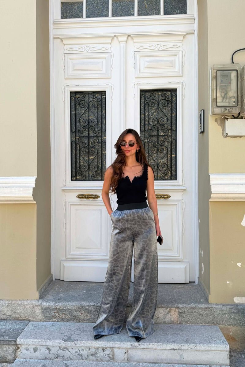 ELASTIC WAIST WIDE LEG WOMEN TROUSERS GREY/GRI - 1