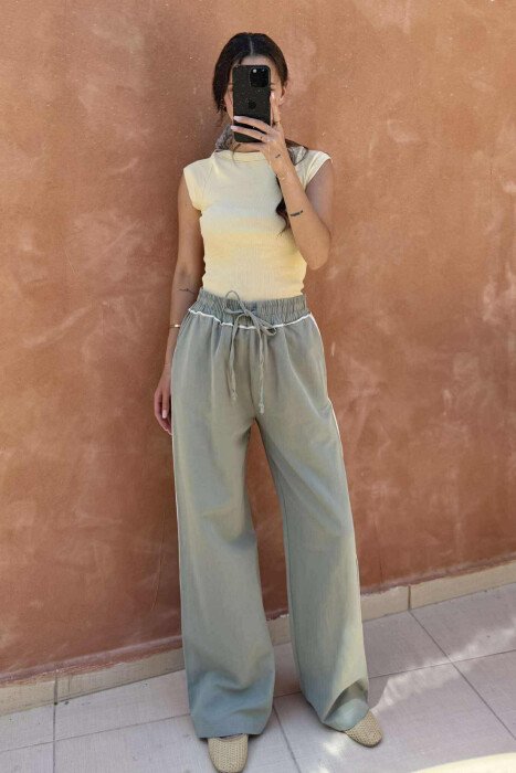 ELASTIC WAIST WIDE LEG WOMEN TROUSERS OLIVE/ULLI - 2