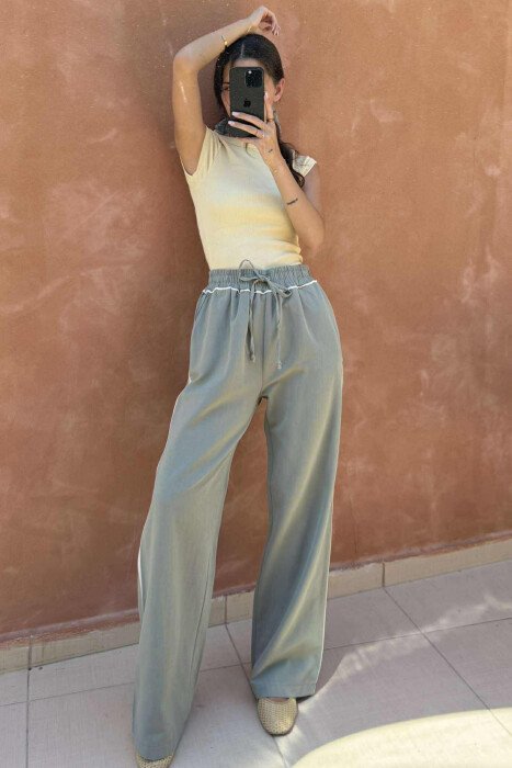 ELASTIC WAIST WIDE LEG WOMEN TROUSERS OLIVE/ULLI - 3