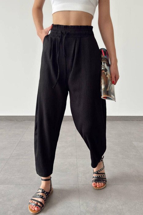 ELASTIC WAIST WOMEN TROUSERS BLACK/ E ZEZE - KLAUDIO FASHION