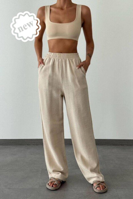 ELASTIC WAIST WOMEN TROUSERS CREAM/KREM - 1
