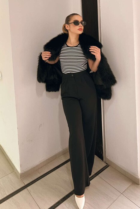 ONE COLOR ELASTIC WAIST WOMEN TROUSERS BLACK/ E ZEZE - 