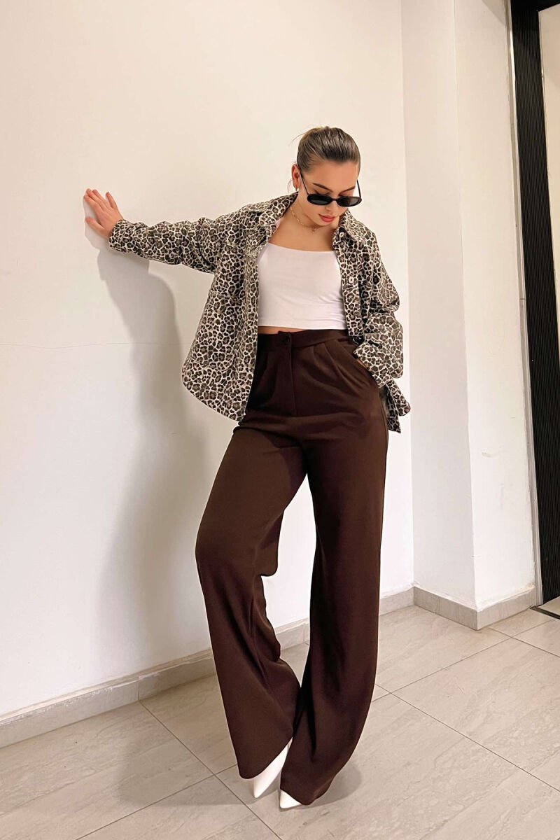 ONE COLOR ELASTIC WAIST WOMEN TROUSERS BROWN/KAFE - 1