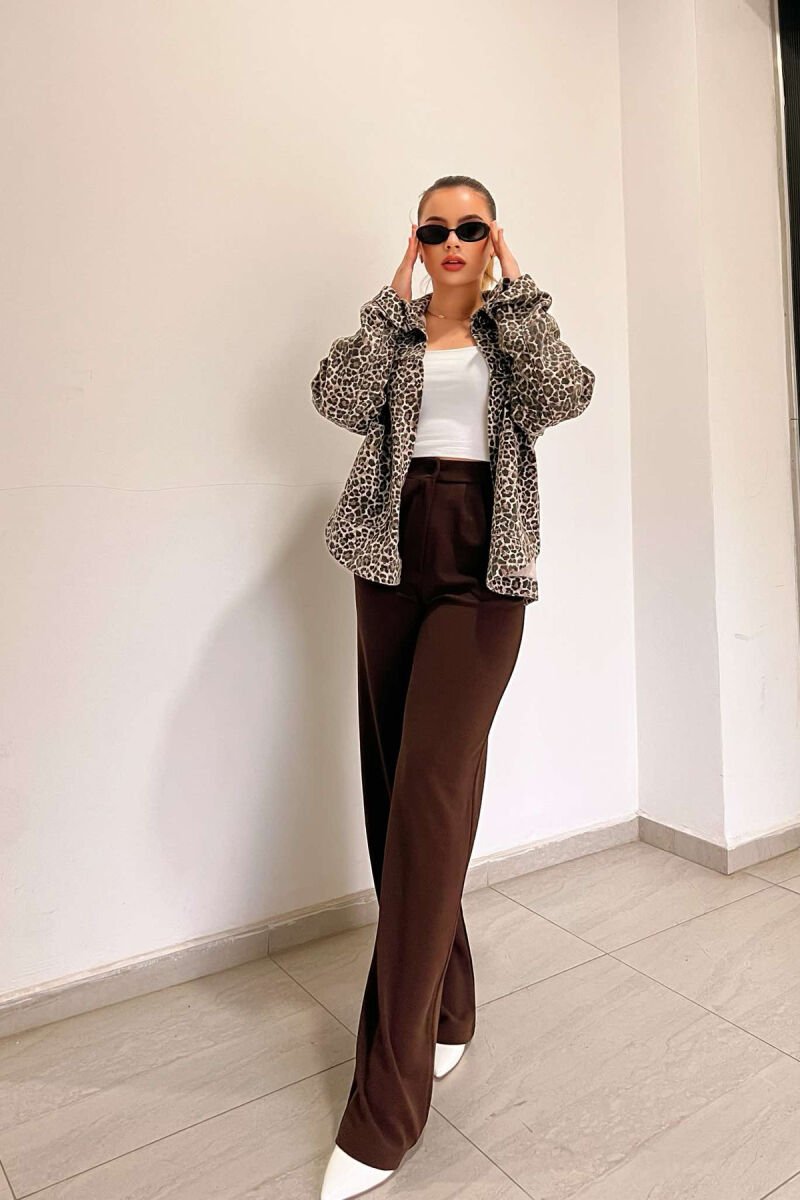 ONE COLOR ELASTIC WAIST WOMEN TROUSERS BROWN/KAFE - 2
