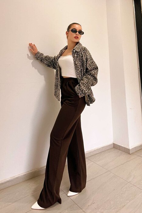 ONE COLOR ELASTIC WAIST WOMEN TROUSERS BROWN/KAFE - 3