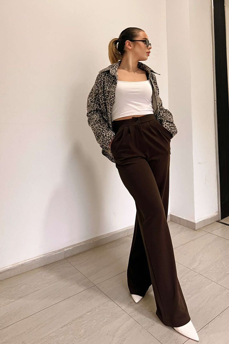 ONE COLOR ELASTIC WAIST WOMEN TROUSERS BROWN/KAFE - 4