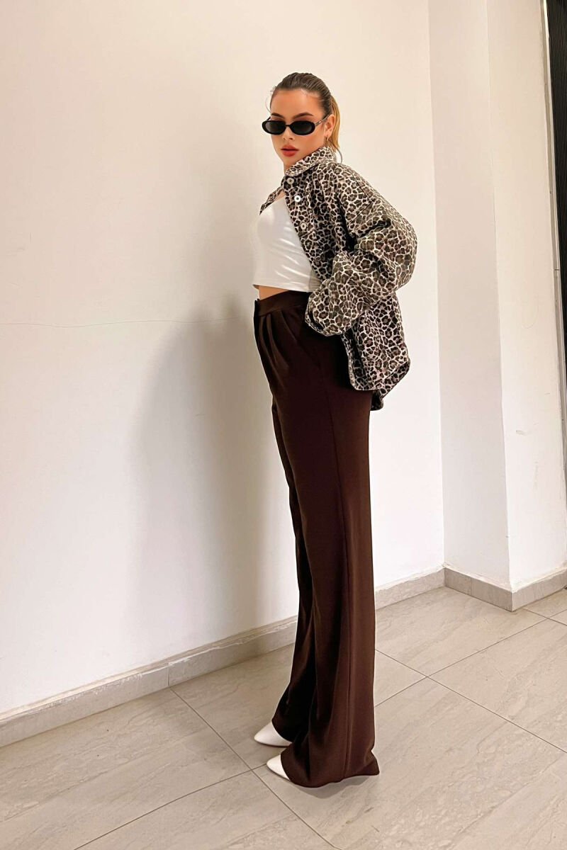 ONE COLOR ELASTIC WAIST WOMEN TROUSERS BROWN/KAFE - 5