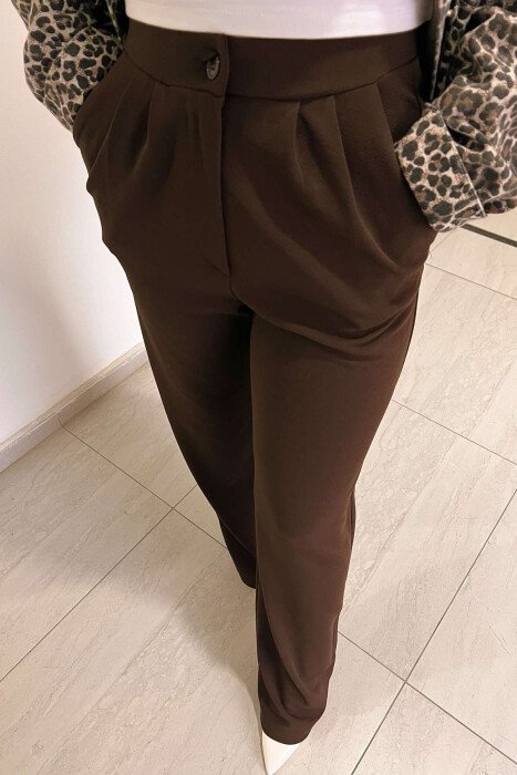 ONE COLOR ELASTIC WAIST WOMEN TROUSERS BROWN/KAFE - 6