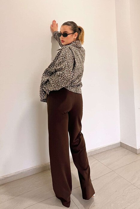 ONE COLOR ELASTIC WAIST WOMEN TROUSERS BROWN/KAFE - 7