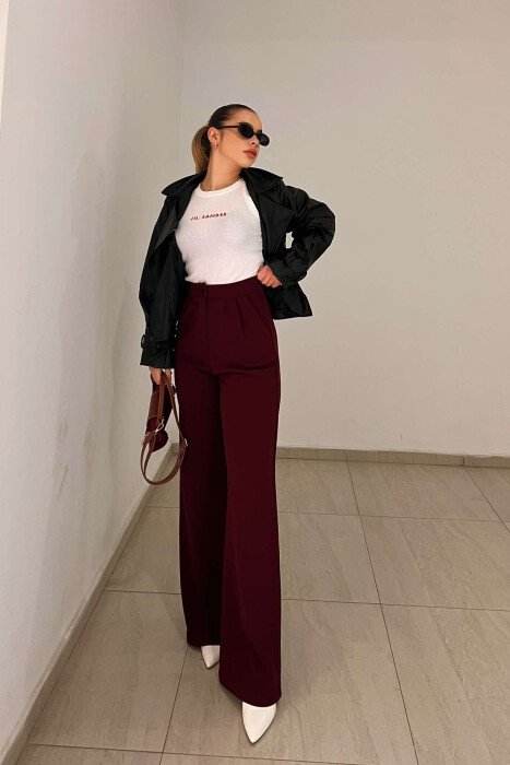 ONE COLOR ELASTIC WAIST WOMEN TROUSERS BURGUNDY/VISHNJE - 2