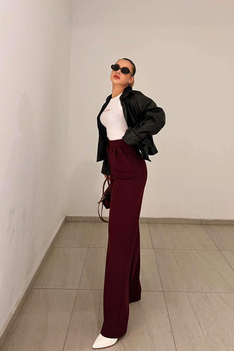 ONE COLOR ELASTIC WAIST WOMEN TROUSERS BURGUNDY/VISHNJE - 3