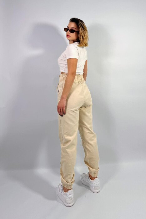 ONE COLOR ELASTIC WAIST WOMEN TROUSERS CREAM/KREM - 2