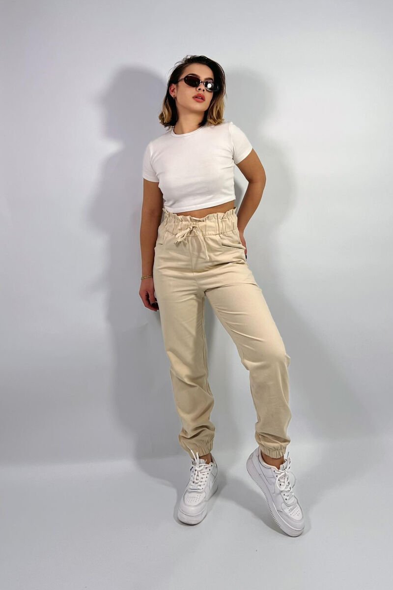 ONE COLOR ELASTIC WAIST WOMEN TROUSERS CREAM/KREM - 3