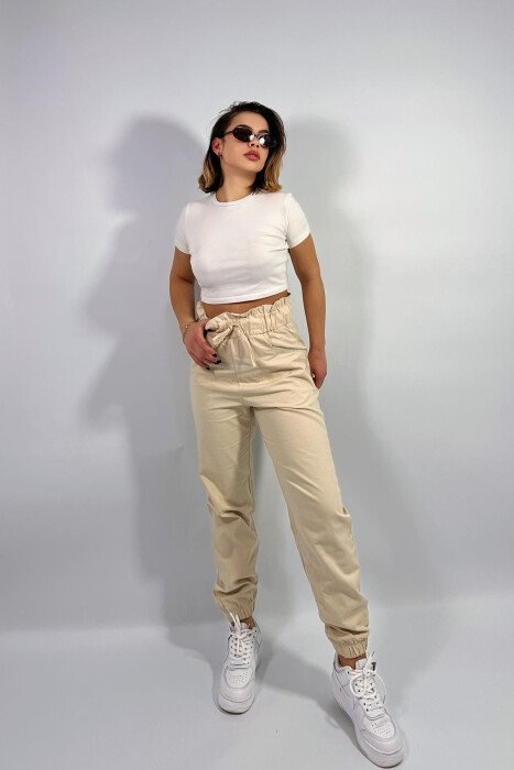 ONE COLOR ELASTIC WAIST WOMEN TROUSERS CREAM/KREM - 5