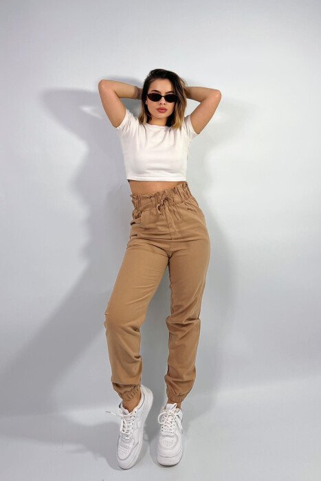 ONE COLOR ELASTIC WAIST WOMEN TROUSERS LIGHT BROWN/KAZB - KLAUDIO FASHION