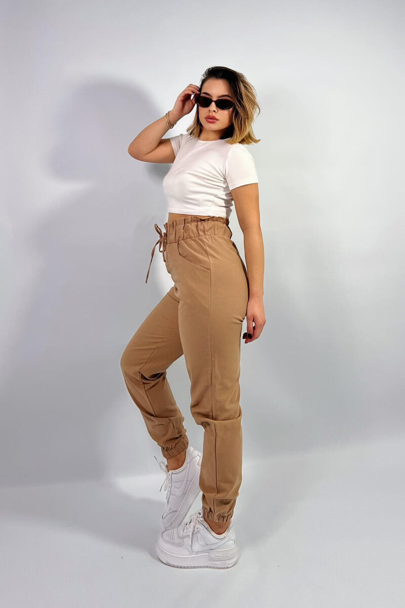 ONE COLOR ELASTIC WAIST WOMEN TROUSERS LIGHT BROWN/KAZB - 2