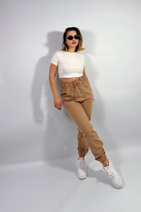 ONE COLOR ELASTIC WAIST WOMEN TROUSERS LIGHT BROWN/KAZB - 3