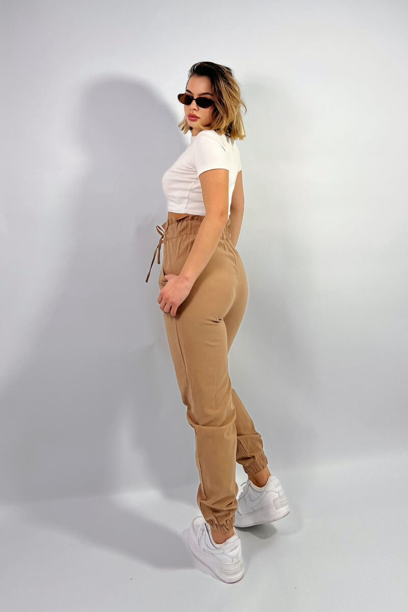 ONE COLOR ELASTIC WAIST WOMEN TROUSERS LIGHT BROWN/KAZB - 4