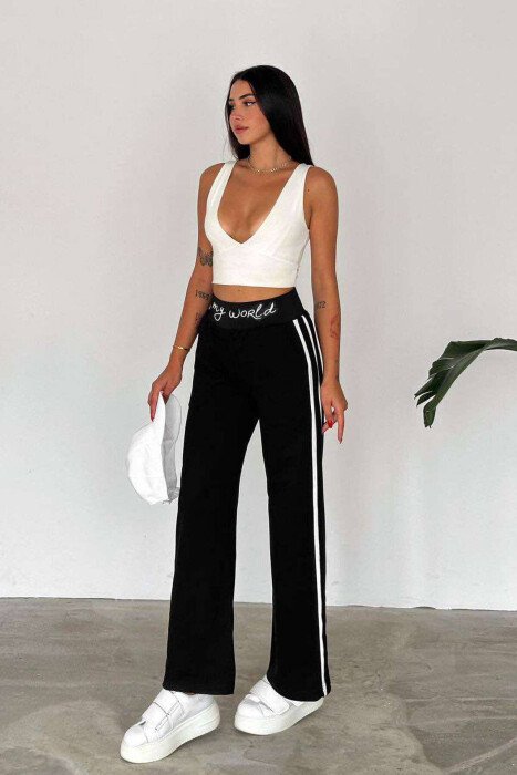 ELASTIC WAIST WRITTINGS WOMEN SWEATPANTS BLACK/ E ZEZE - KLAUDIO FASHION
