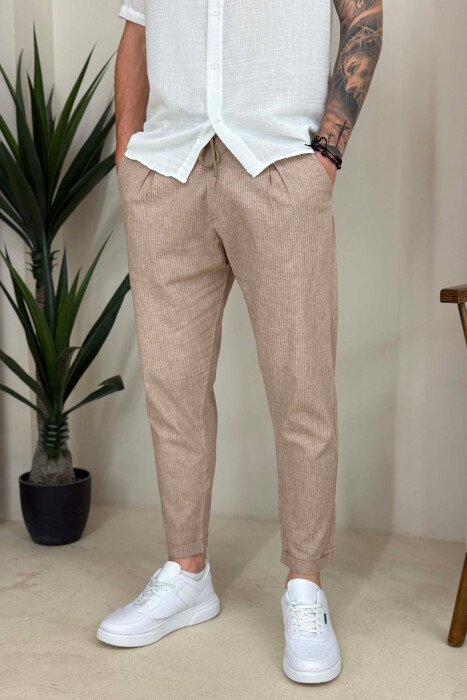 ELASTIC WASIT LACINGS SIMPLE STRIPED MEN PANTS BEIGE/BEZHE - 2