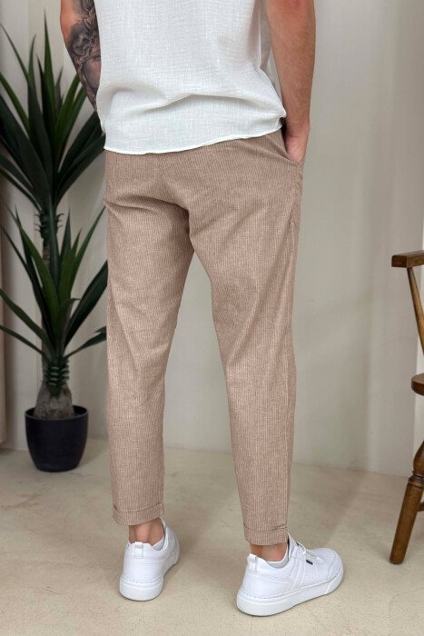 ELASTIC WASIT LACINGS SIMPLE STRIPED MEN PANTS BEIGE/BEZHE - 3