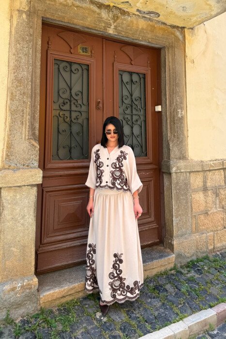 EMBROIDERED DETAILS SHIRT + SKIRT WOMAN SET BEIGE/BEZHE - KLAUDIO FASHION