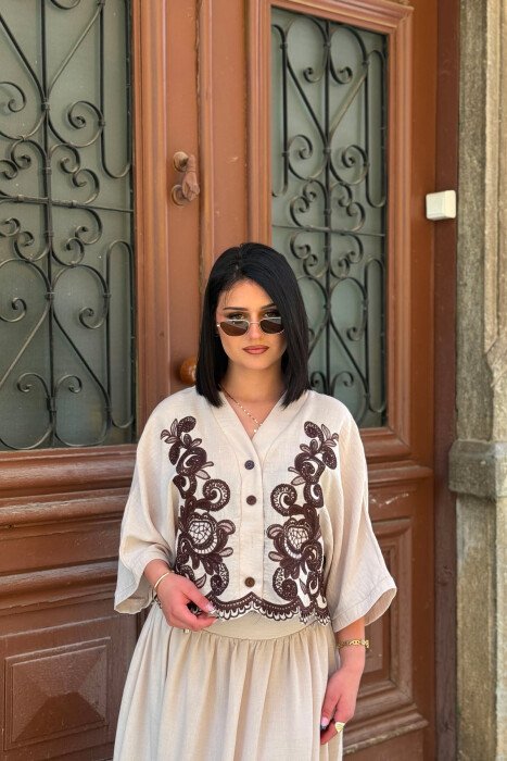 EMBROIDERED DETAILS SHIRT + SKIRT WOMAN SET BEIGE/BEZHE - 5