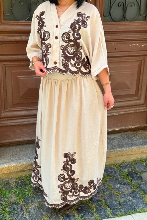 EMBROIDERED DETAILS SHIRT + SKIRT WOMAN SET BEIGE/BEZHE - 6