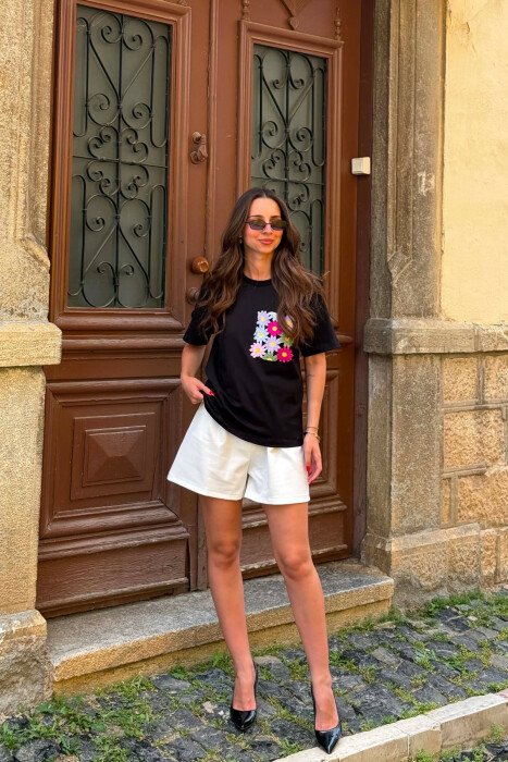 EMBROIDERED FLOWER POCKET WOMAN T-SHIRT BLACK/ E ZEZE - 3