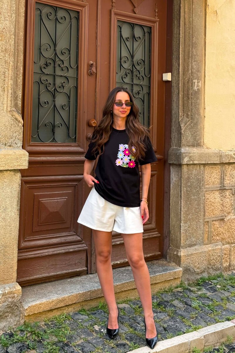 EMBROIDERED FLOWER POCKET WOMAN T-SHIRT BLACK/ E ZEZE - 3