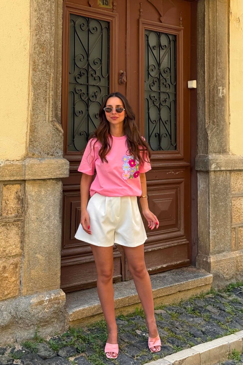 EMBROIDERED FLOWER POCKET WOMAN T-SHIRT PINK/ROZE - 2