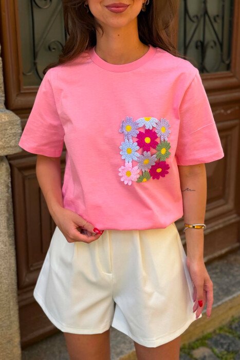 EMBROIDERED FLOWER POCKET WOMAN T-SHIRT PINK/ROZE - 3