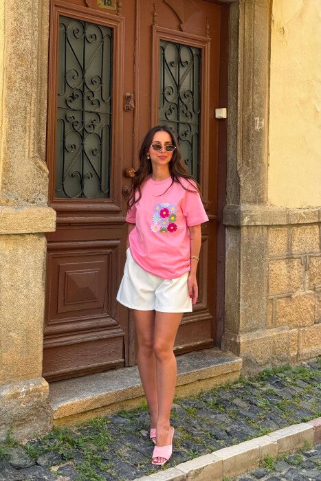 EMBROIDERED FLOWER POCKET WOMAN T-SHIRT PINK/ROZE - 5