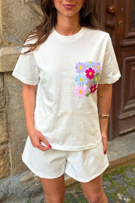 EMBROIDERED FLOWER POCKET WOMAN T-SHIRT WHITE-E BARDHE - 5