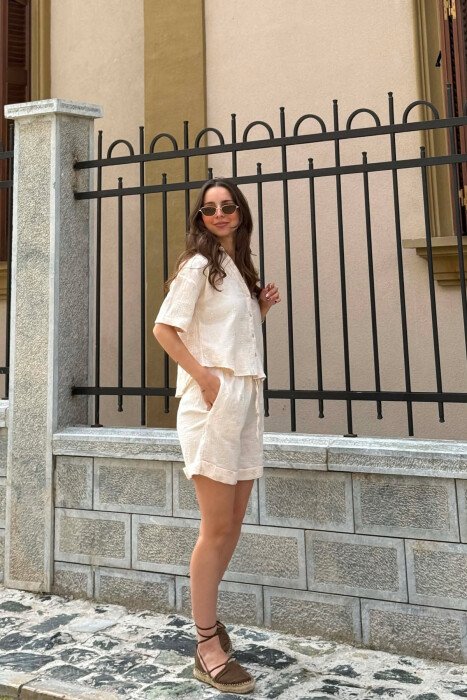 EMBROIDERED SHIRT + SHORTS WOMAN SET CREAM/KREM - 2
