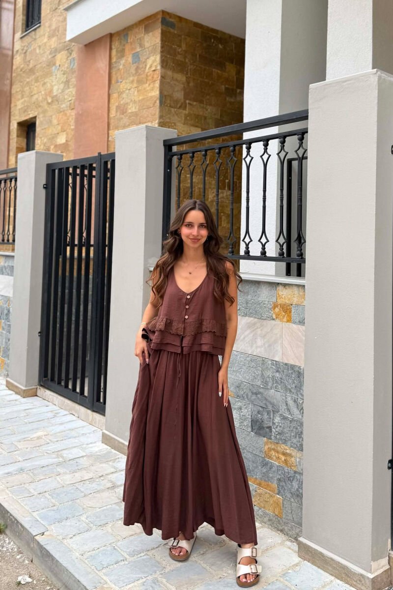 EMBROIDERED VEST+ SKIRT WOMAN SET BROWN/KAFE - 1