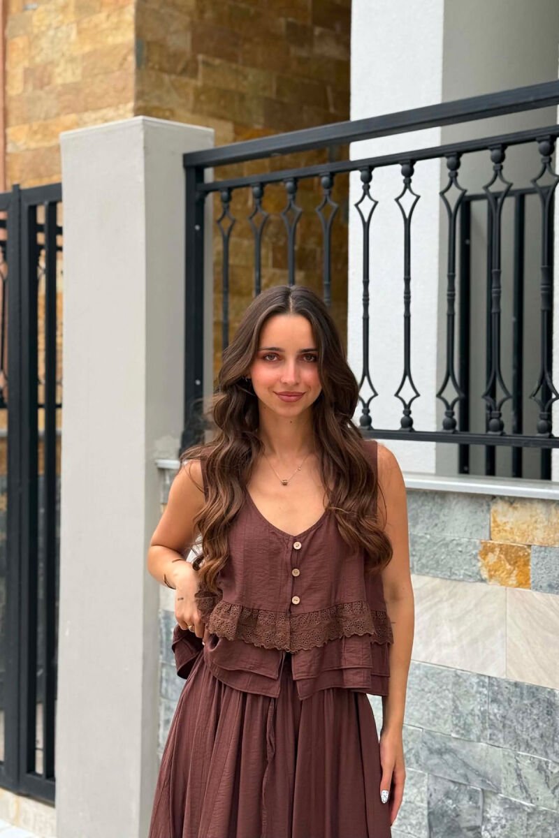 EMBROIDERED VEST+ SKIRT WOMAN SET BROWN/KAFE - 3