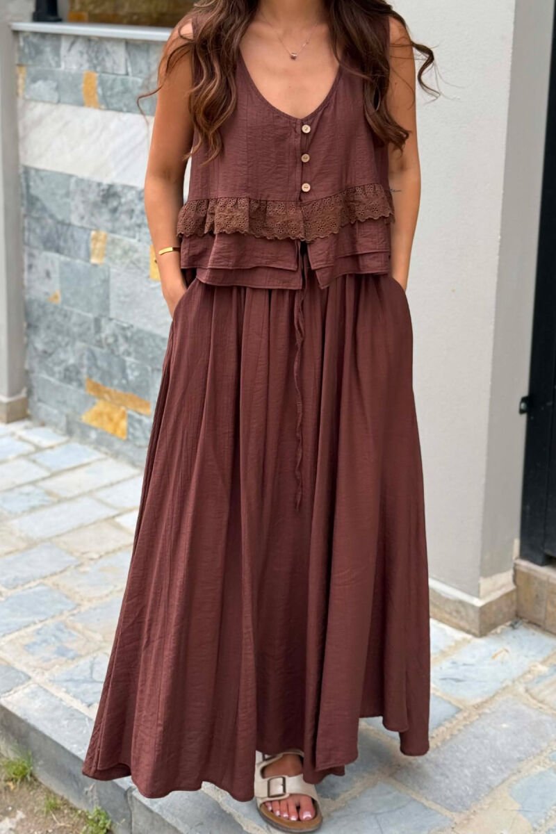 EMBROIDERED VEST+ SKIRT WOMAN SET BROWN/KAFE - 4