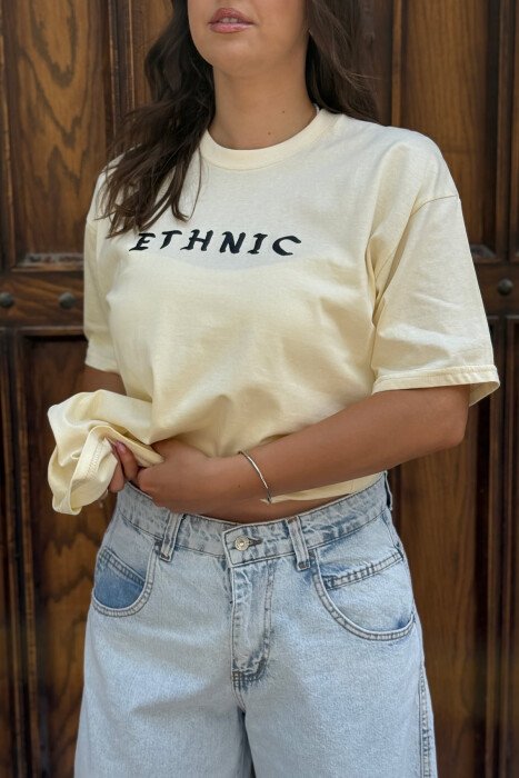 ETHNIC WRITTING ONE COLOR WOMAN T-SHIRT CREAM/KREM - 3