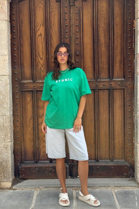 ETHNIC WRITTING ONE COLOR WOMAN T-SHIRT GREEN/JESHILE - 1
