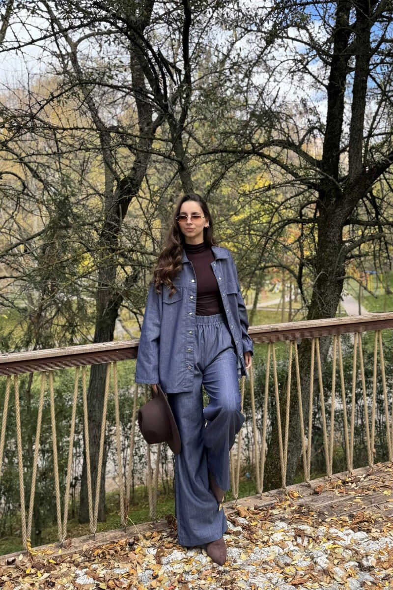 FAKE POCKETS STRIPED SHIRT+TROUSERS WOMEN SET BLUE/BLU - 1