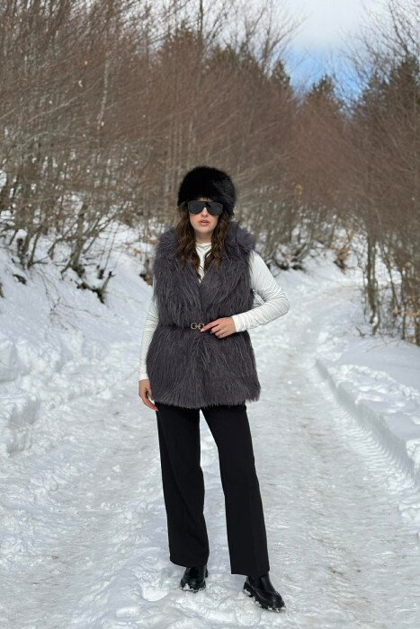 FAUX FUR BELT DETAIL WOMEN VEST DARK GREY/GEE - KLAUDIO FASHION