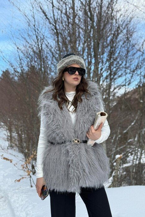 FAUX FUR BELT DETAIL WOMEN VEST GREY/GRI - KLAUDIO FASHION